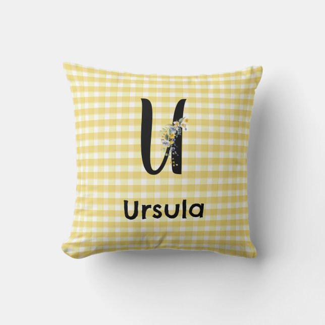 Coussin Motif gingham à fleurs aquarelle avec initiale de  (Recto)
