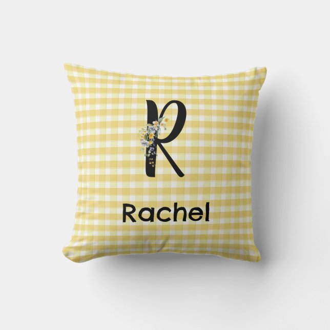Coussin Motif gingham à fleurs aquarelle avec initiale de  (Recto)