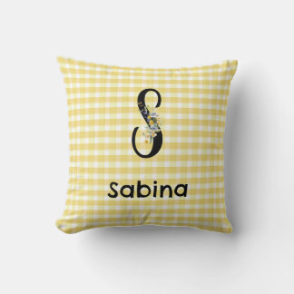 Coussin Motif gingham fleur aquarelle initiale de monogram