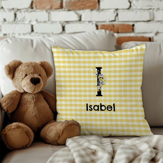 Coussin Motif gingham fleur aquarelle initiale de monogram (Créateur téléchargé)