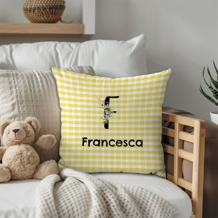 Coussin Motif gingham fleur aquarelle initiale monogramme
