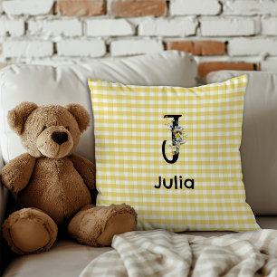 Coussin Motif gingham fleur aquarelle initiale monogramme