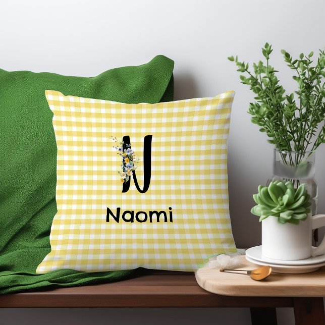 Coussin Motif gingham fleur aquarelle initiale monogramme (Créateur téléchargé)