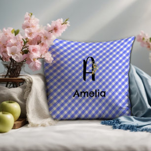 Coussin Motif gingham fleur aquarelle monogramme bleu