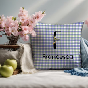 Coussin Motif gingham fleur monogramme bleu vert