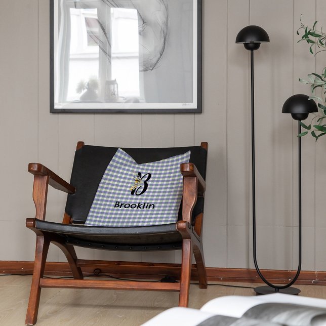 Coussin Motif gingham fleur monogramme bleu vert (Créateur téléchargé)