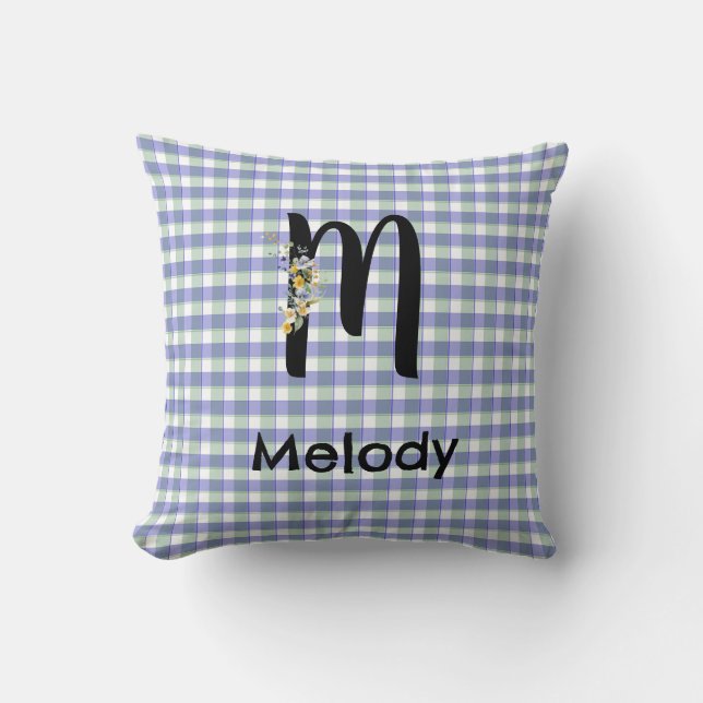 Coussin Motif gingham fleur monogramme bleu vert (Recto)