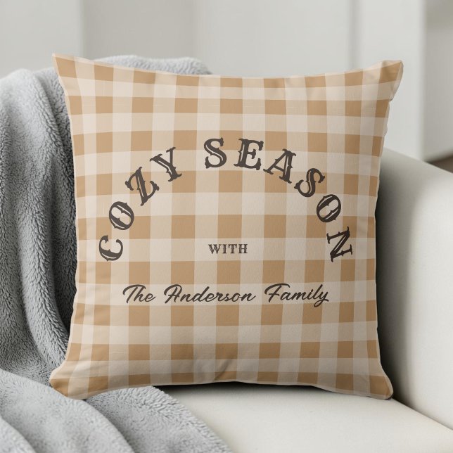 Coussin Motif Gingham Occidental Rustique Écriture Marron  (Custom Brown Script Rustic Western Gingham Pattern Throw Pillow)