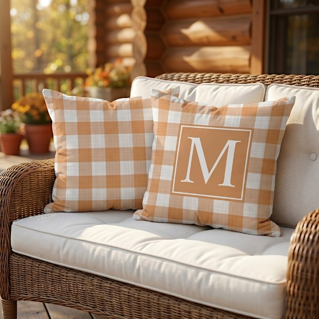 Coussin Motif gingham orange citrouille automne élégant (Créateur téléchargé)