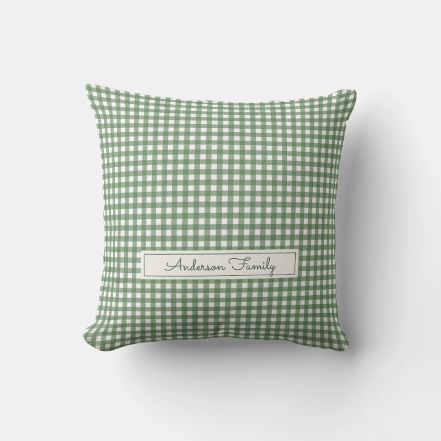 Coussin Motif Gingham Vert avec Nom de Famille (Recto)