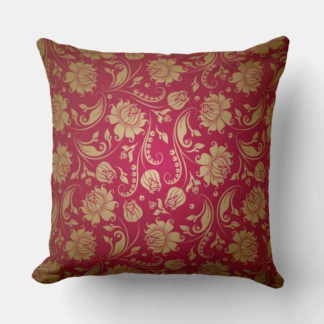 Coussin Motif Gold & Burgundy Rouge Floral Damas (Recto)