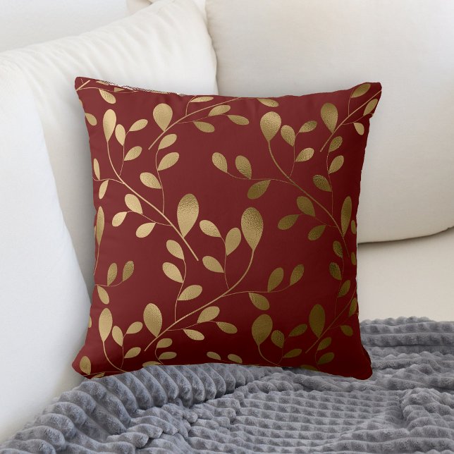 Coussin Motif Gold Leaf moderne sur Maroon Red (Créateur téléchargé)