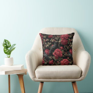 Coussin Motif gothique avec roses rouges et corbeaux