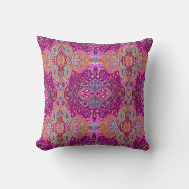 Coussin Motif Groovy Abstrait Magenta Rose, Bleu et Rouge (Recto)