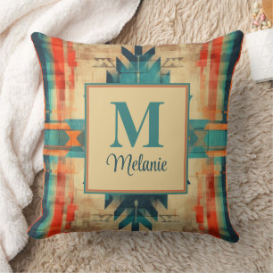 Coussin Motif Grunge Aztèque Nom Personnalisé et Monogramm