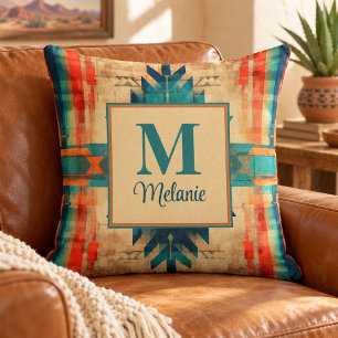 Coussin Motif Grunge Aztèque Nom Personnalisé et Monogramm