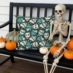 Coussin Motif Halloween Crânes Fleurs Turquoise