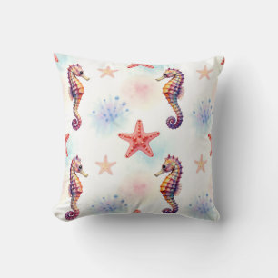 Coussin Motif Hippocampe Étoile de Mer Aquarelle