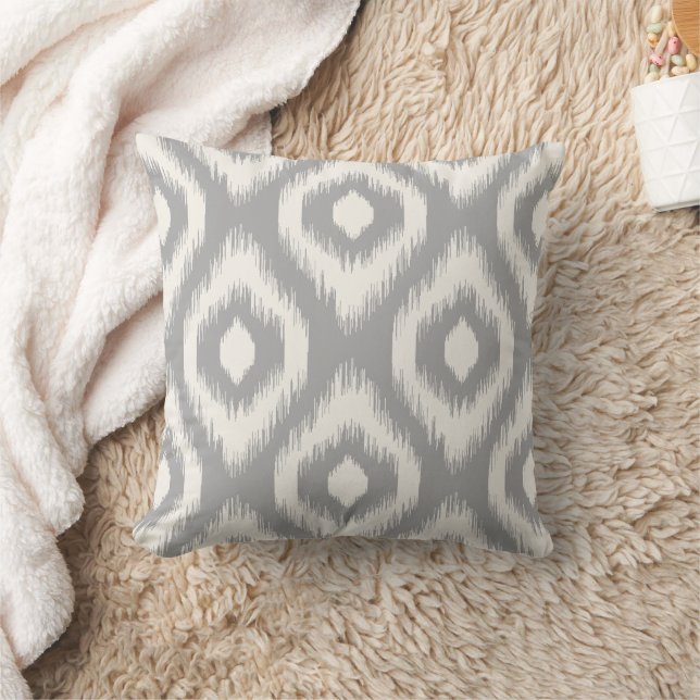 Coussin Motif Ikat Diamant Gris Chic Élégant Blanc Ivoire (Couverture)