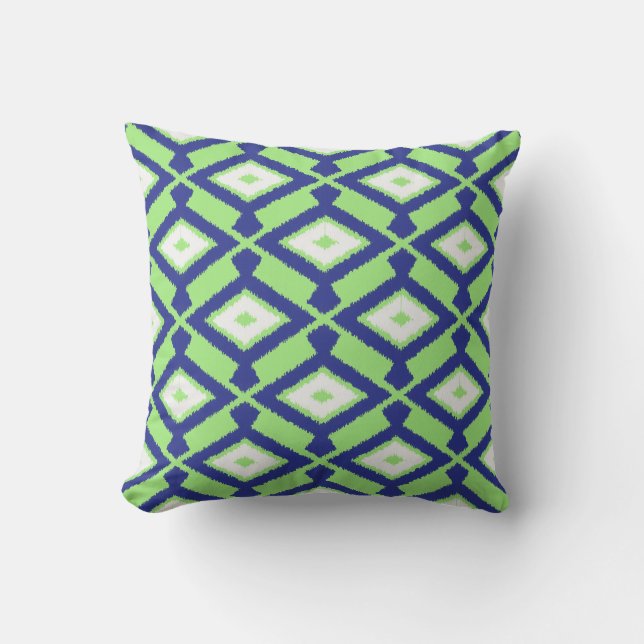 Coussin Motif Ikat - Vert, Indigo Bleu et Blanc (Recto)