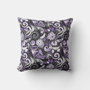 Coussin Motif imprimé paisley violet blanc noir