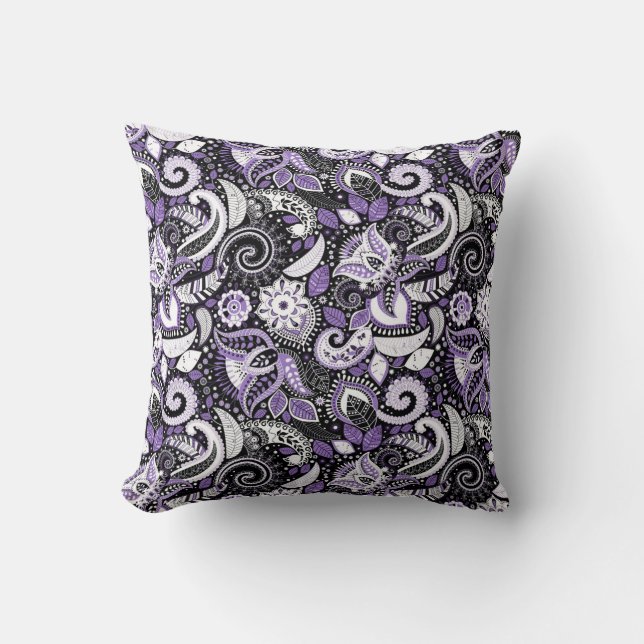 Coussin Motif imprimé paisley violet blanc noir (Recto)