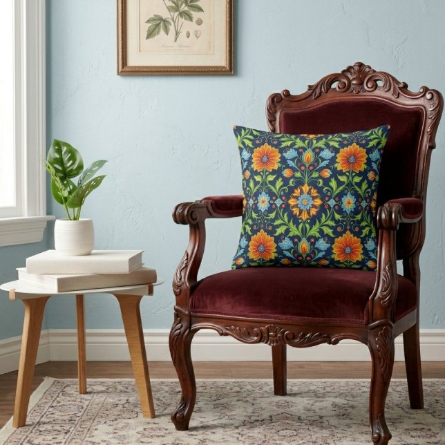 Coussin Motif inspiré de William Morris Fleur orange bleue (William Morris Inspired Pattern Orange Blue Flower Throw Pillow by Ricaso, Vintage twist modern art)