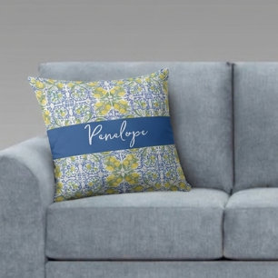 Coussin Motif italien méditerranéen bleu citron