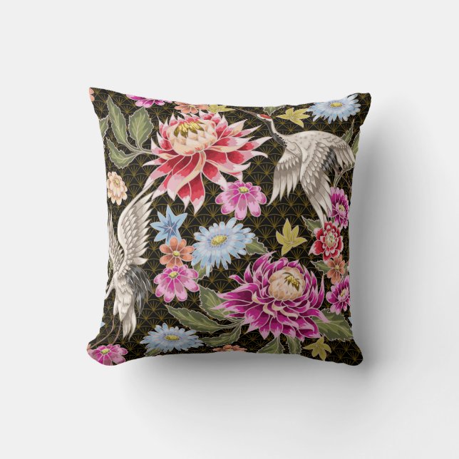 Coussin Motif japonais avec fleurs et grues blanches (Recto)