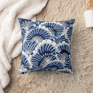 Coussin Motif japonais de fleurs de lotus bleu et blanc