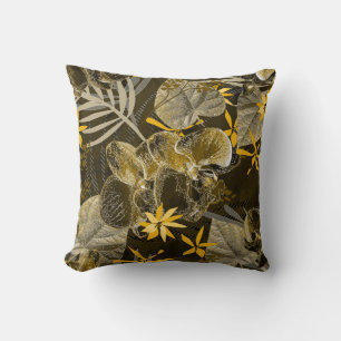 Coussin Motif jaune-brun fleuri à l'aquarelle.