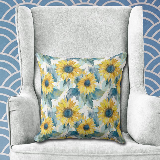 Coussin Motif jaune Tournesol bleu feuille (Créateur téléchargé)