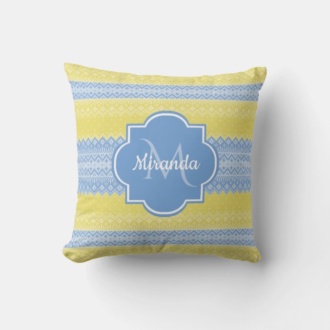 Coussin Motif Knit jaune et bleu clair avec Monogramme (Recto)