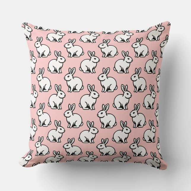 Coussin Motif lapins - Noir et blanc avec rose pâle (Recto)