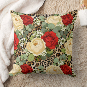 Coussin Motif Léopard de Luxe & Rose Rouge 