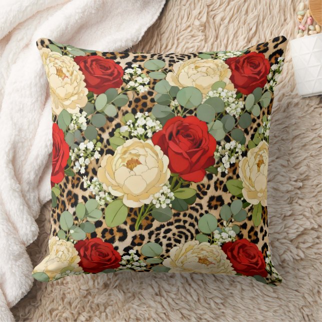 Coussin Motif Léopard de Luxe & Rose Rouge  (Couverture)
