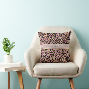 Coussin Motif léopard Monogramme Or rose Noir