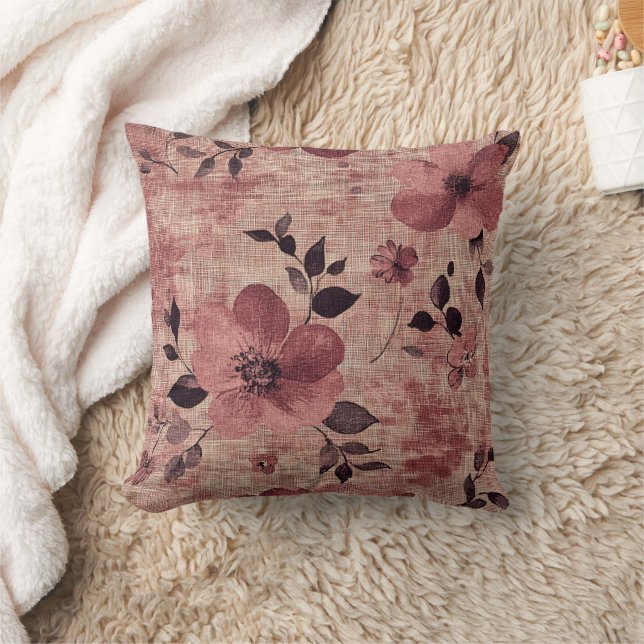 Coussin Motif Lin Floral Rosé Rustique (2) (Couverture)