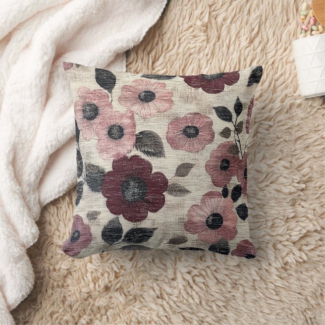 Coussin Motif Lin Floral Rosé Rustique (7) (Couverture)