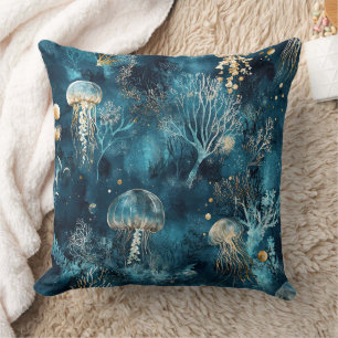 Coussin Motif Lux Ocean Jellyfish & Coral Or