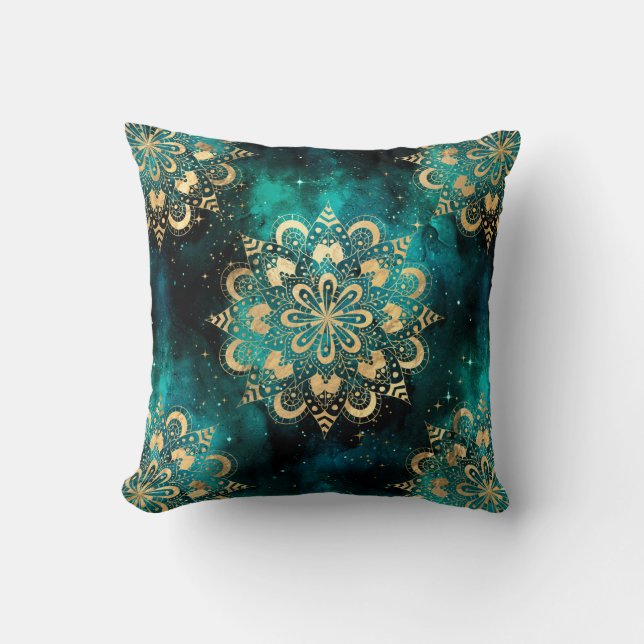 Coussin Motif Mandala Dharma Galaxie Or & Vert (Recto)