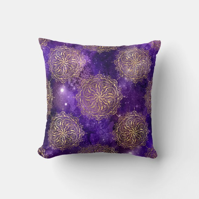 Coussin Motif Mandala Dharma Galaxie Or & Violet (Recto)
