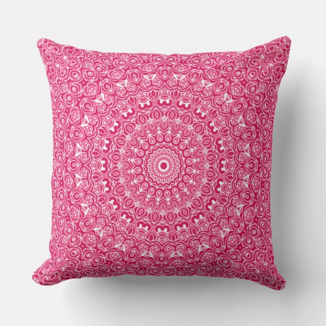 Coussin Motif Mandala Rose Chaud et Blanc (Recto)