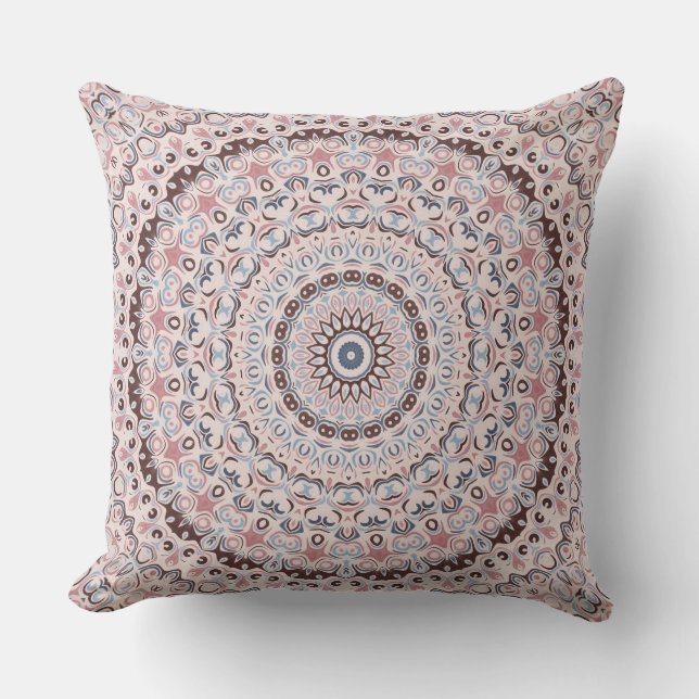 Coussin Motif Mandala Rose et Bleu Boho (Recto)