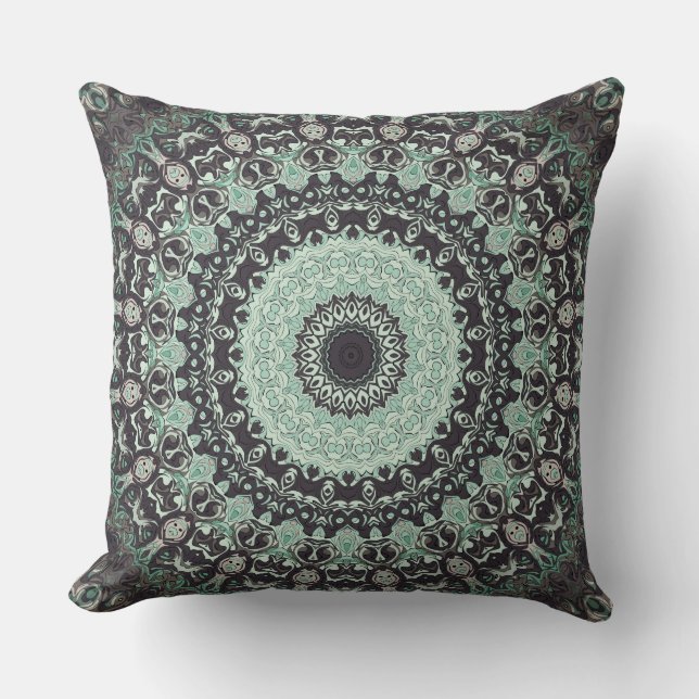 Coussin Motif Mandala Vert Menthe et Charbon (Recto)