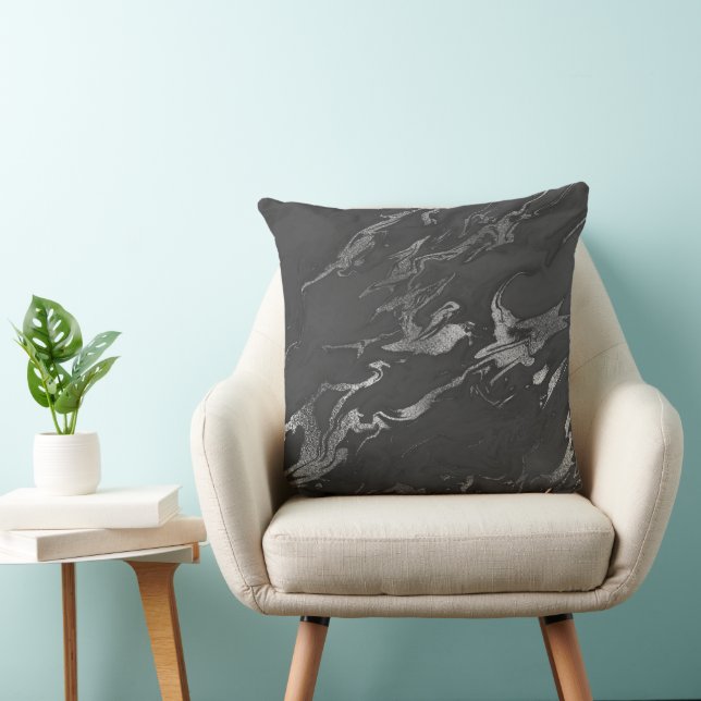 Coussin Motif marbre noir et argent moderne (Chaise)