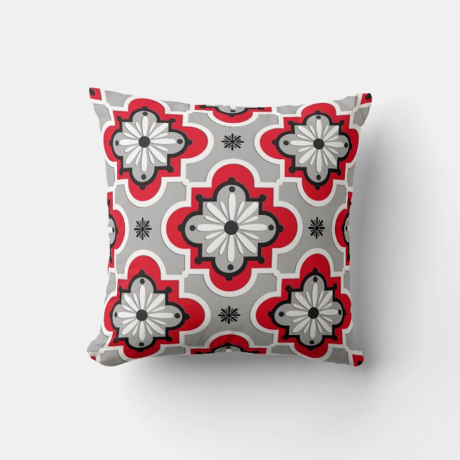 Coussin Motif marocain en tuiles - Gris et Rouge (Recto)