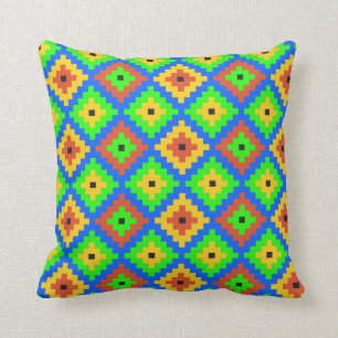 Coussin Motif maya aztèque   de brique vert, bleu, jaune