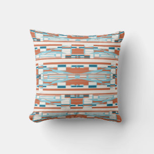 Coussin Motif Méditerranéen Turquoise Orange Blanc en Rang