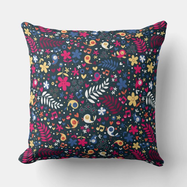 Coussin motif mignon d'oiseaux et de fleurs (Recto)